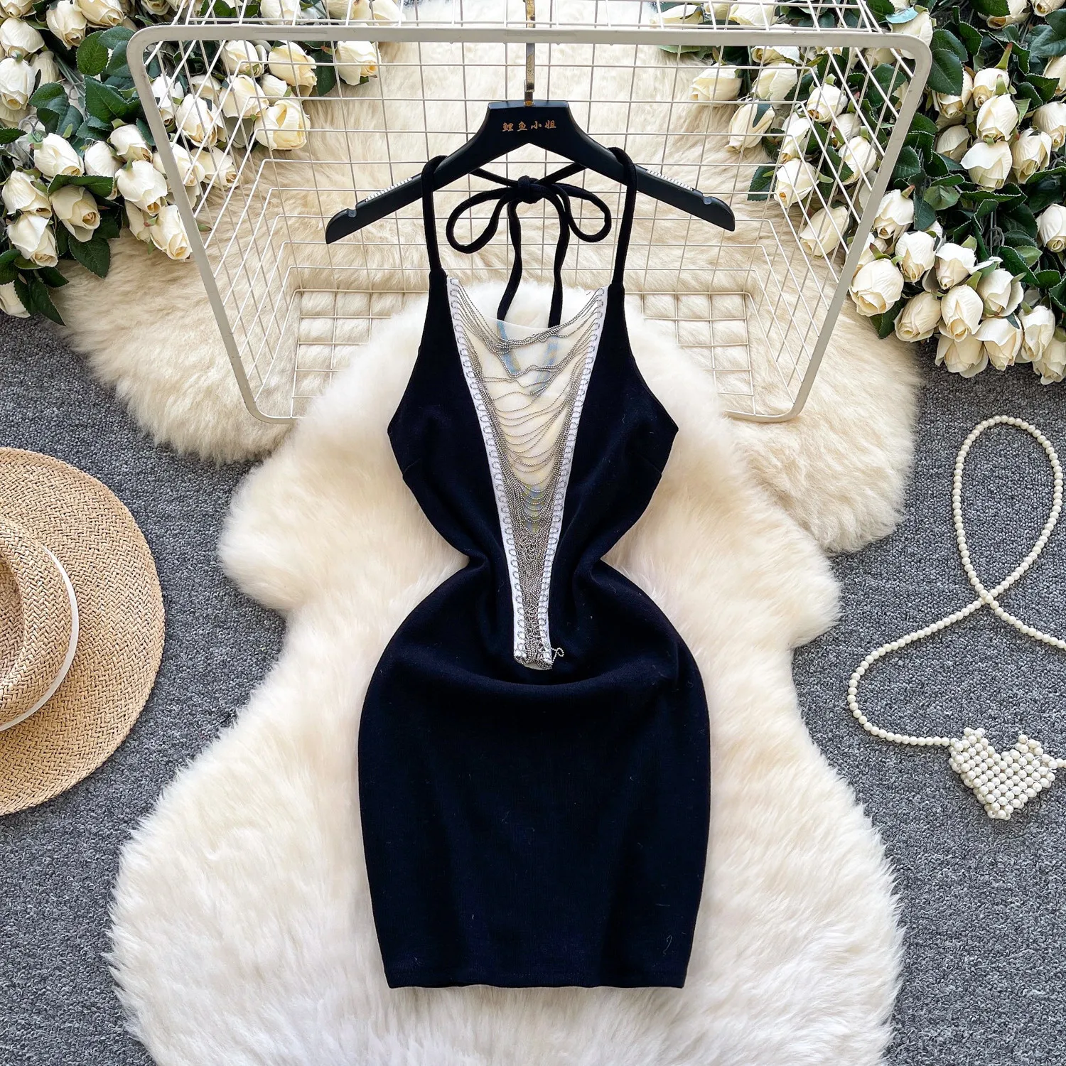 

Women Dresses Tassel Dress Rhinestone Backless Halter Collar Sleeveless Mini Length Cinched Waist Slim Fit Casual 2026 Summer