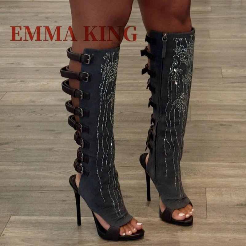 المرأة حجر الراين المفتوحة تو أحذية عالية في الركبة الصيف خنجر الكعوب حزام مشبك أحذية مثير المنصة حفلة صنادل عالية الكعب الأحذية
