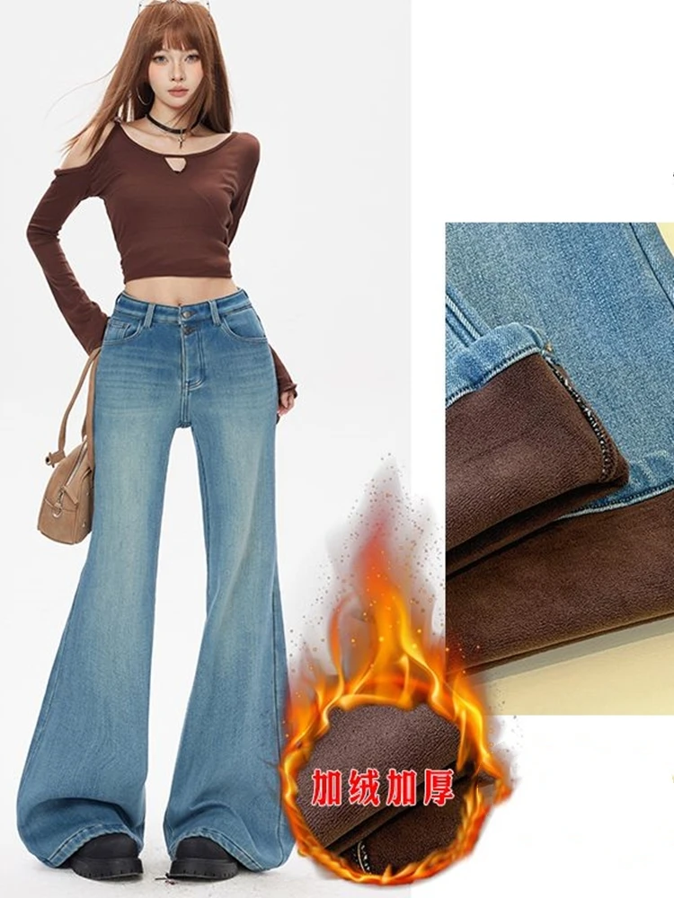 ZHISILAO Nieuwe Dikke Bont Flare Jeans Vrouwen Vintage Dikke Warme Slim Fit Volledige Lengte Denim Broek Winter 2025, streetwear