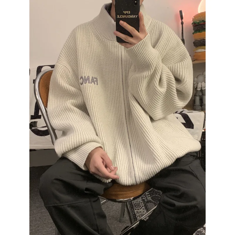Knitted Cardigan Zipper Men Sweater Long Sleeve Jacket Spring Autumn Streetwear Korean Fashion Sweater Coat Warm Loose Outerwear