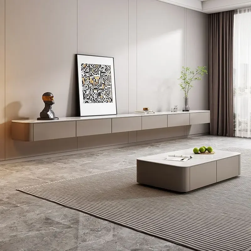 Modern simple solid wood suspended TV cabinet living room home new rock slab TV hanging cabinet