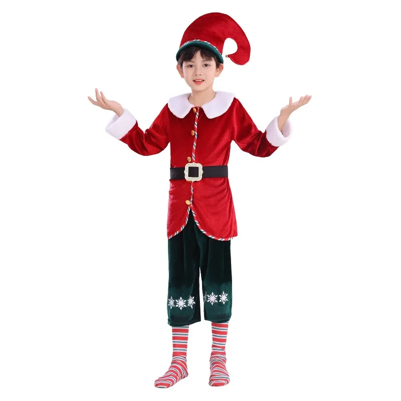 

Christmas Red Elf Cosplay Costume for Boys Girls Fairy Cosplay Outfit with Hat Santa's Party Stage Performance Xmas Gifts