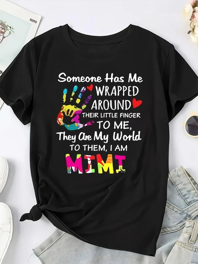 Someone Has Me Wrapped Around Their Little Finger Mimi T Shirt Women Cute Colorful Handprint Graphic Tees Soft Comfortable Grandmother Birthday Gift Top