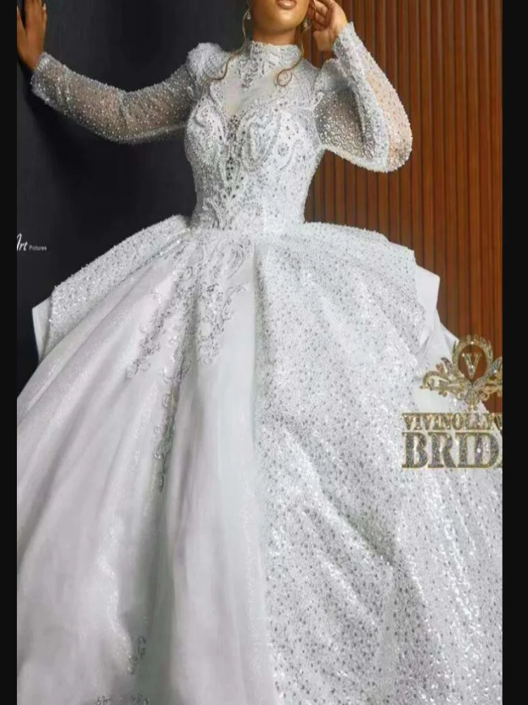 Customized  High Neck Sparkly Beads Crystals  Ballgown Wedding Dress  Sweep Train  Robe De Marriage Long Sleeves Bridal Gown