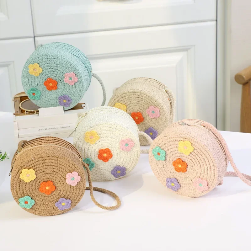 Fashion Round Woven Bow Girls Crossbody Bag Simple Baby Kids Beach Purse Clutch Casual Straw Flower Children\'s Shoulder Bags