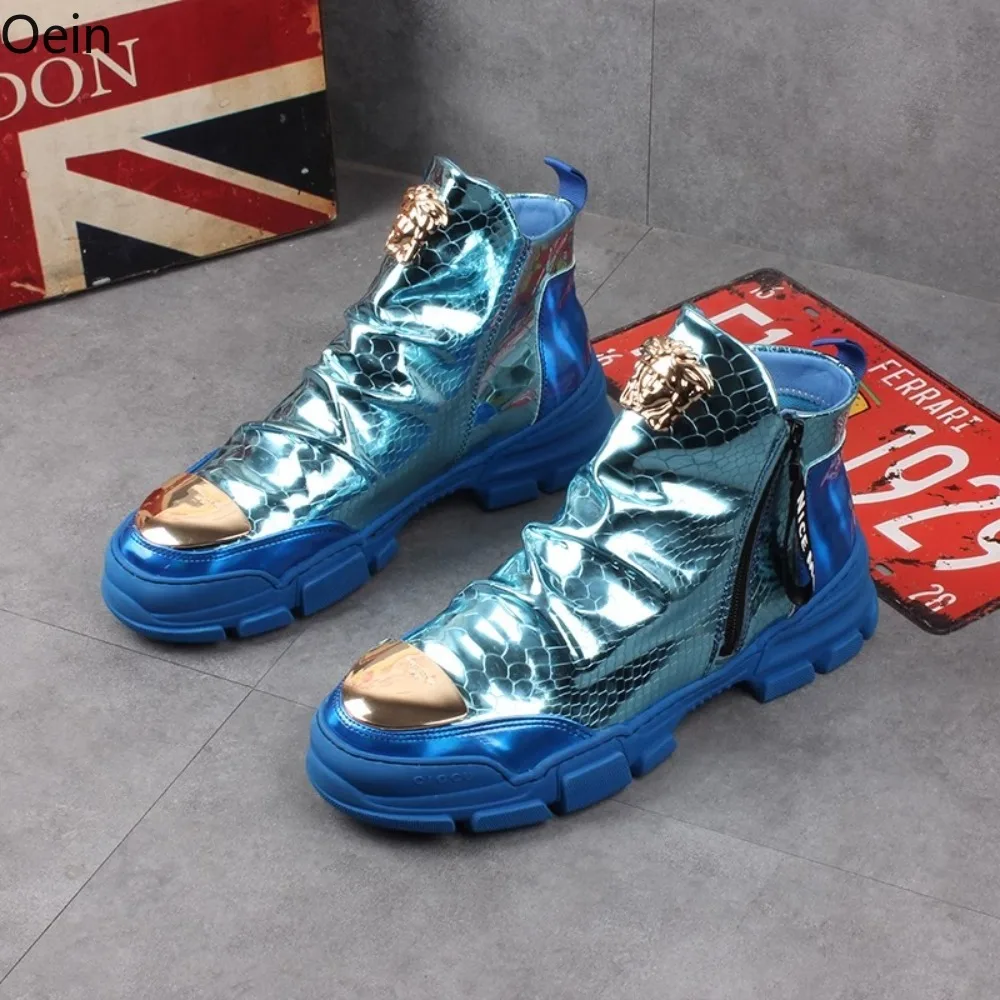 Mens Round Toe Rainbow Colors Flats Sneakers Ankle Boots High Top Glitter Shoes Punk Blue Sliver Boys New 2024