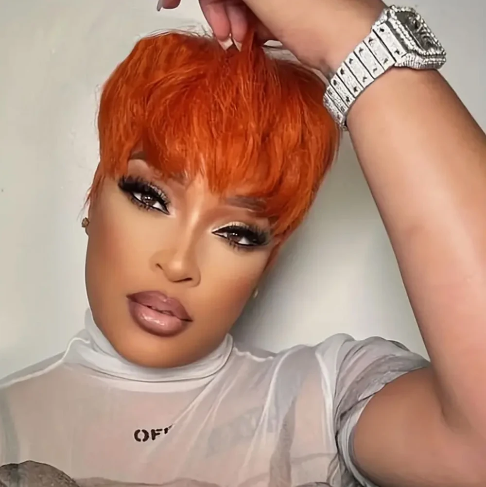 Nicelatus Natural Synthetic Orange Wig Short Hairstyles Wigs for Black Women Cheap Wig Short Pixie Cut Wig with Bangs Nice Wig