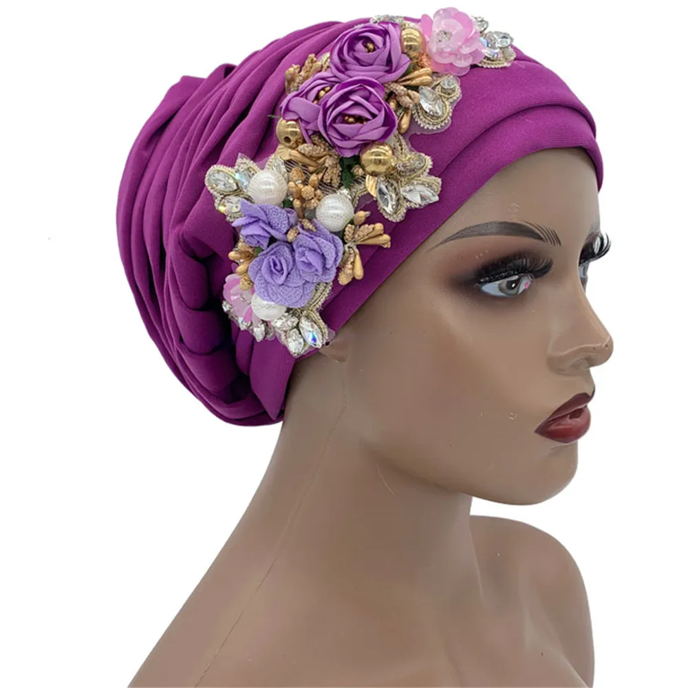 Pleated Turban Cap with Diamonds flower