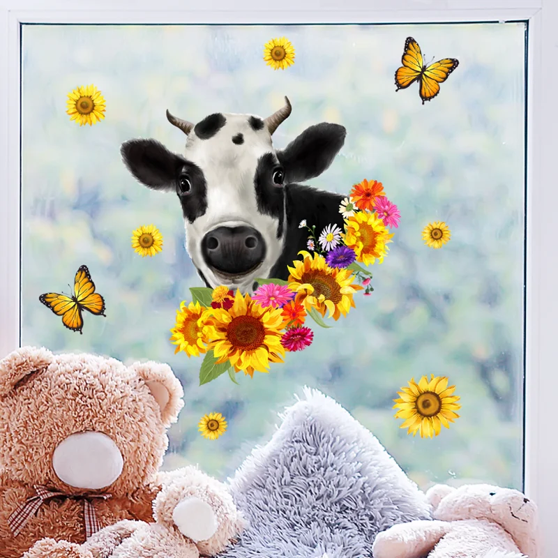 

Cartoon Cow Sunflower Butterfly Wall Stickers Room Living Room Sticker Bathroom Decoration Self-adhesive Removable Waterproof