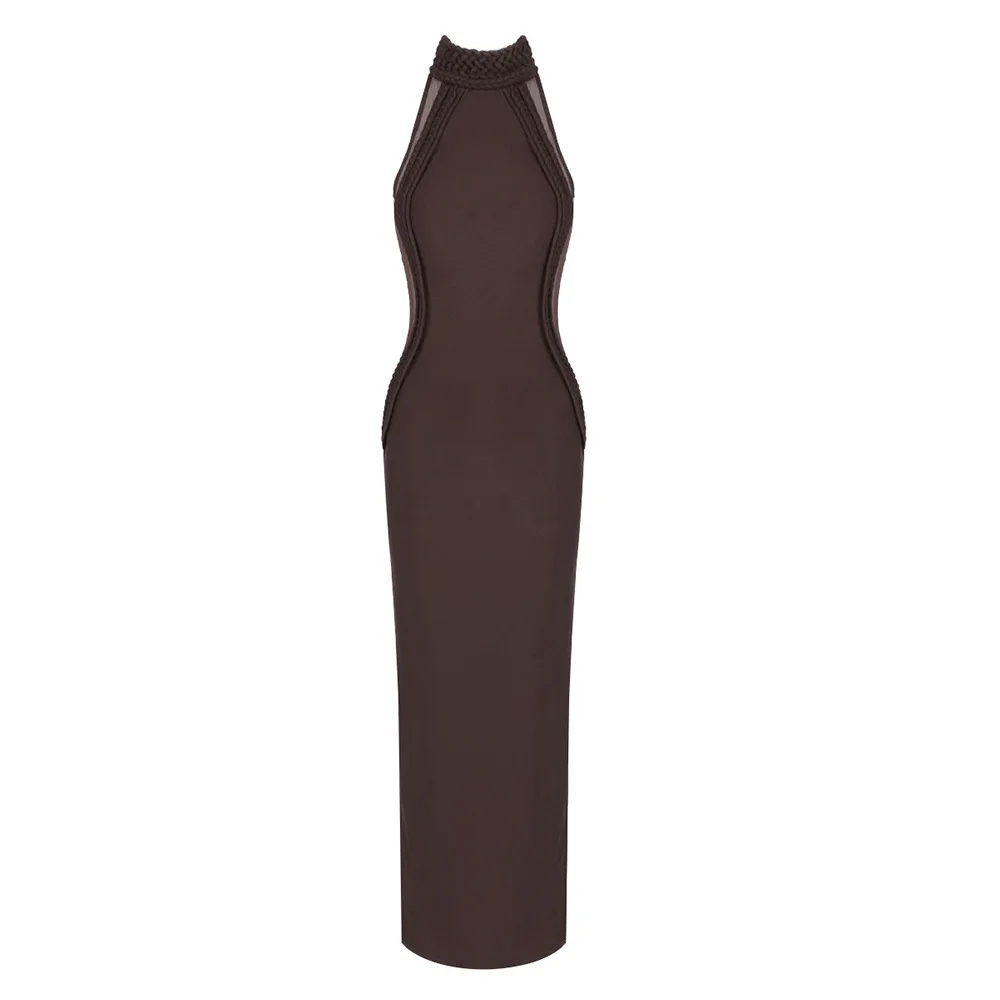 Sexy Brown Mesh See Through Sleeveless Maxi Dress Elegant High Neck Backless Gown for Evening Party Wedding Guest Night Club