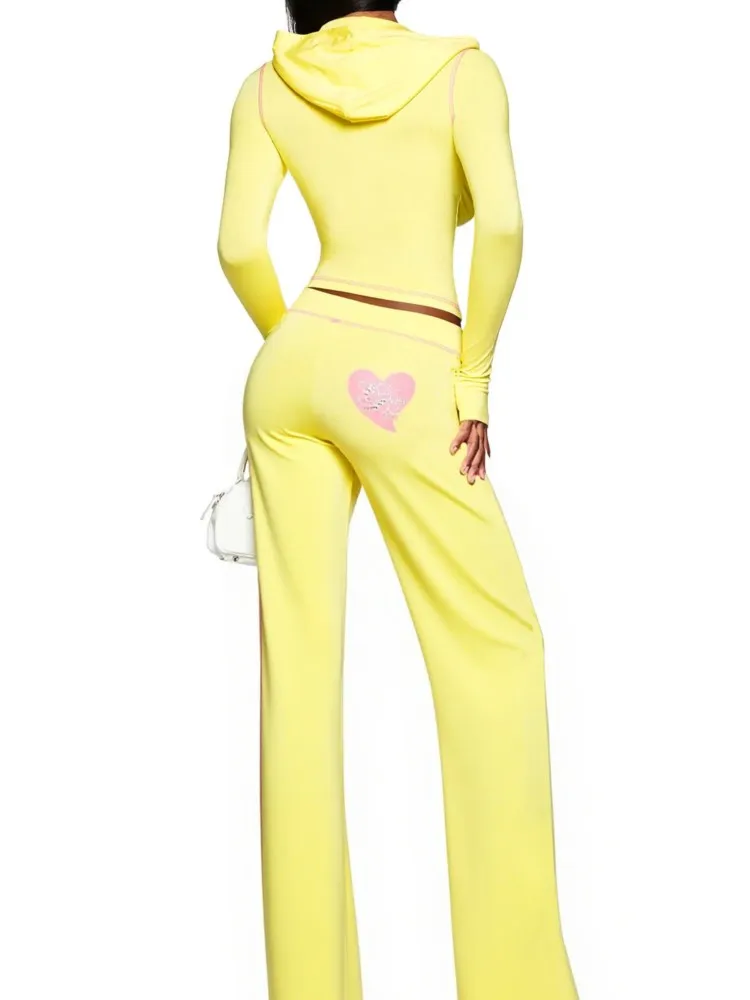 Y2K Sexy Hot Girl Set With Fashionable Cartoon Print Hooded Zipper Jacket Paired With Casual Low Waist Long Sports Two-piece Set