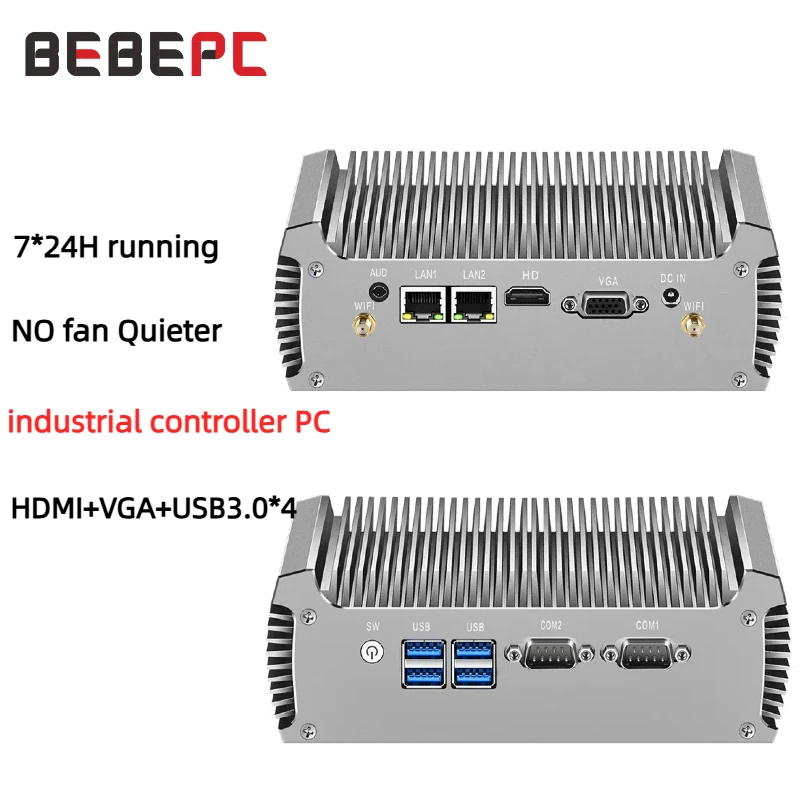 Bezwentylatorowy przemysłowy mini PC z dwoma portami LAN, 2*COM RS232, procesorami Core i5 5200U, i3 5005U, Celeron 2955U, pamięcią DDR3L, obsługą WIFI i systemem Linux Ubuntu.