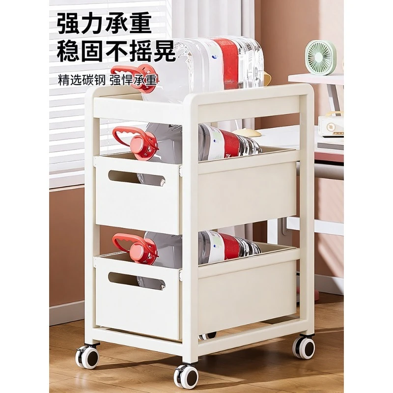 Under the table, schoolbag shelf, floor bookshelf with wheels, removable trolley by the table, book storage rack at the