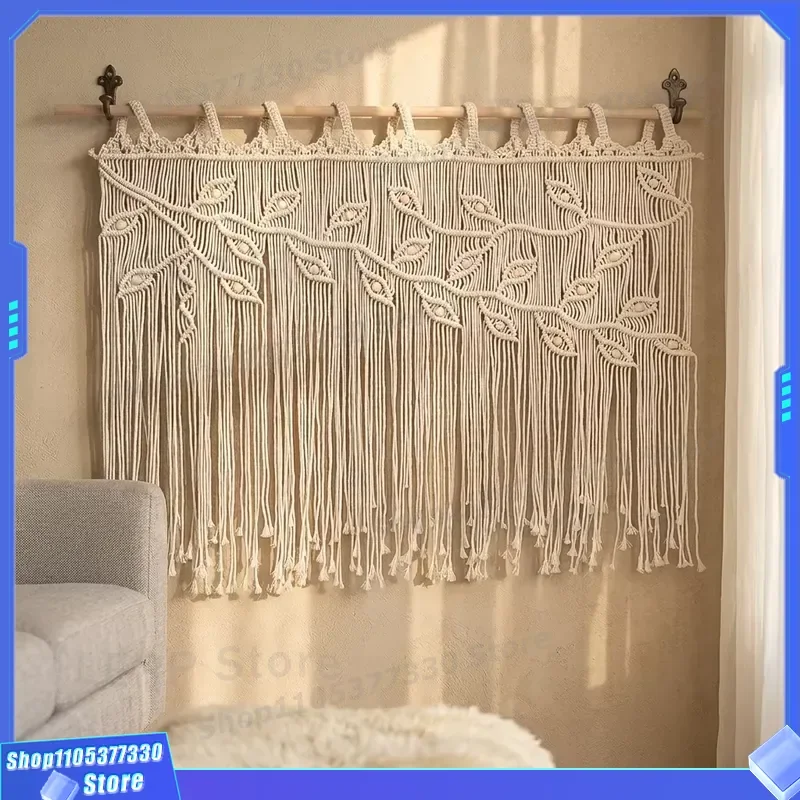 Bohemian Cotton Tapestry Curtain Hand Woven Leaf Pattern Fringe Wall Hanging Decor for Sofa Bedside Background Indoor Outdoor