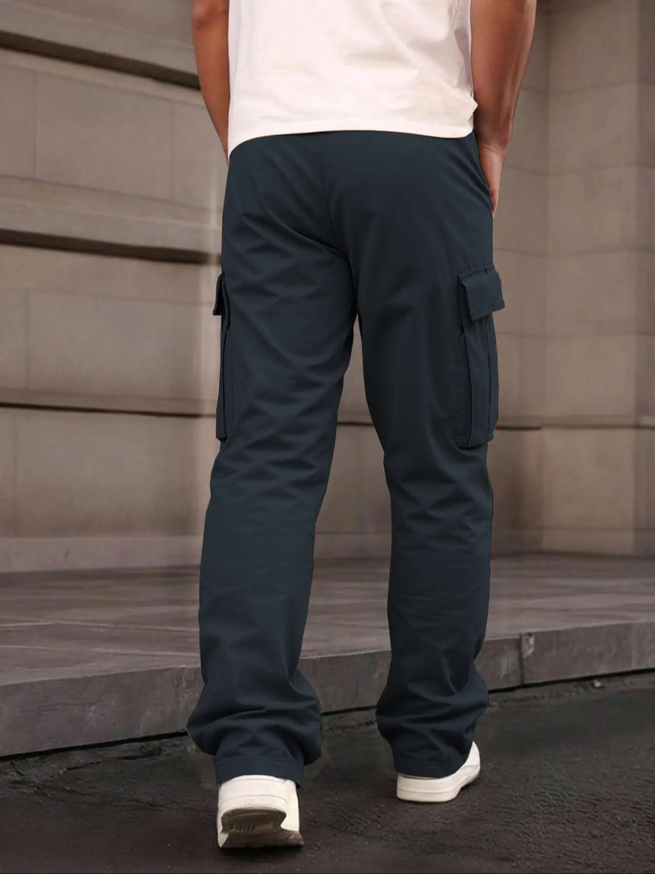 Einfarbige Cargohose für Herren mit Pattentasche, Kordelzug am Bund, reguläre Passform, lässige Hose mit geradem Bein für den Alltag – Detail 8