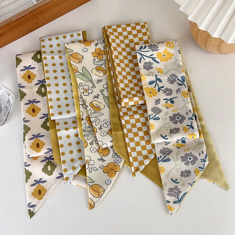 UXSL Spring Yellow Soft Color Flowers Headbands Multifunction Decorative Small Silk Scarf Womens French Hair Tie Scarf Tied Bag