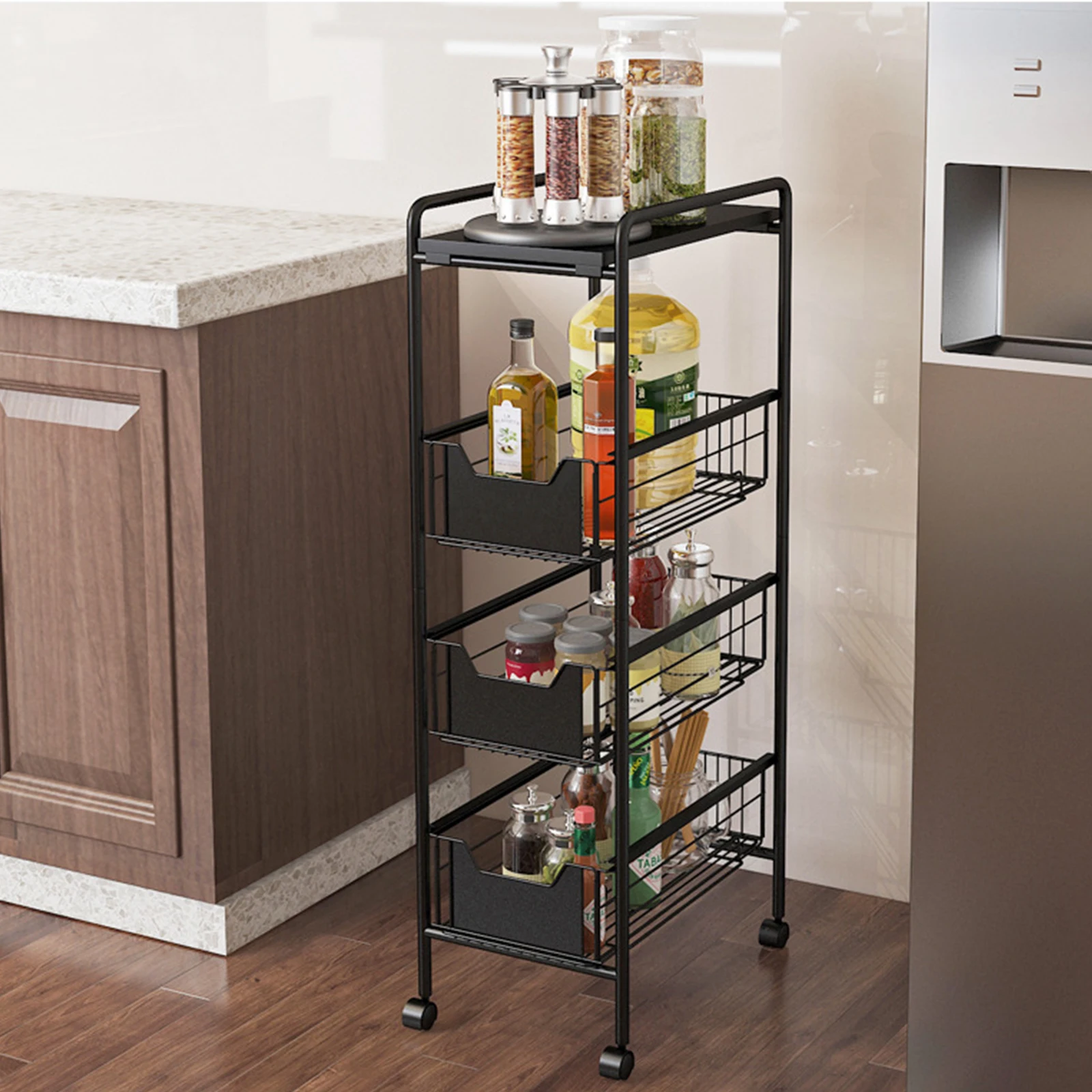 4-Layer Storage Cart Ultra-Thin Metal Kitchen Trolley Storage Shelf with Slide-Out Drawers Practical Storage Rack, Black