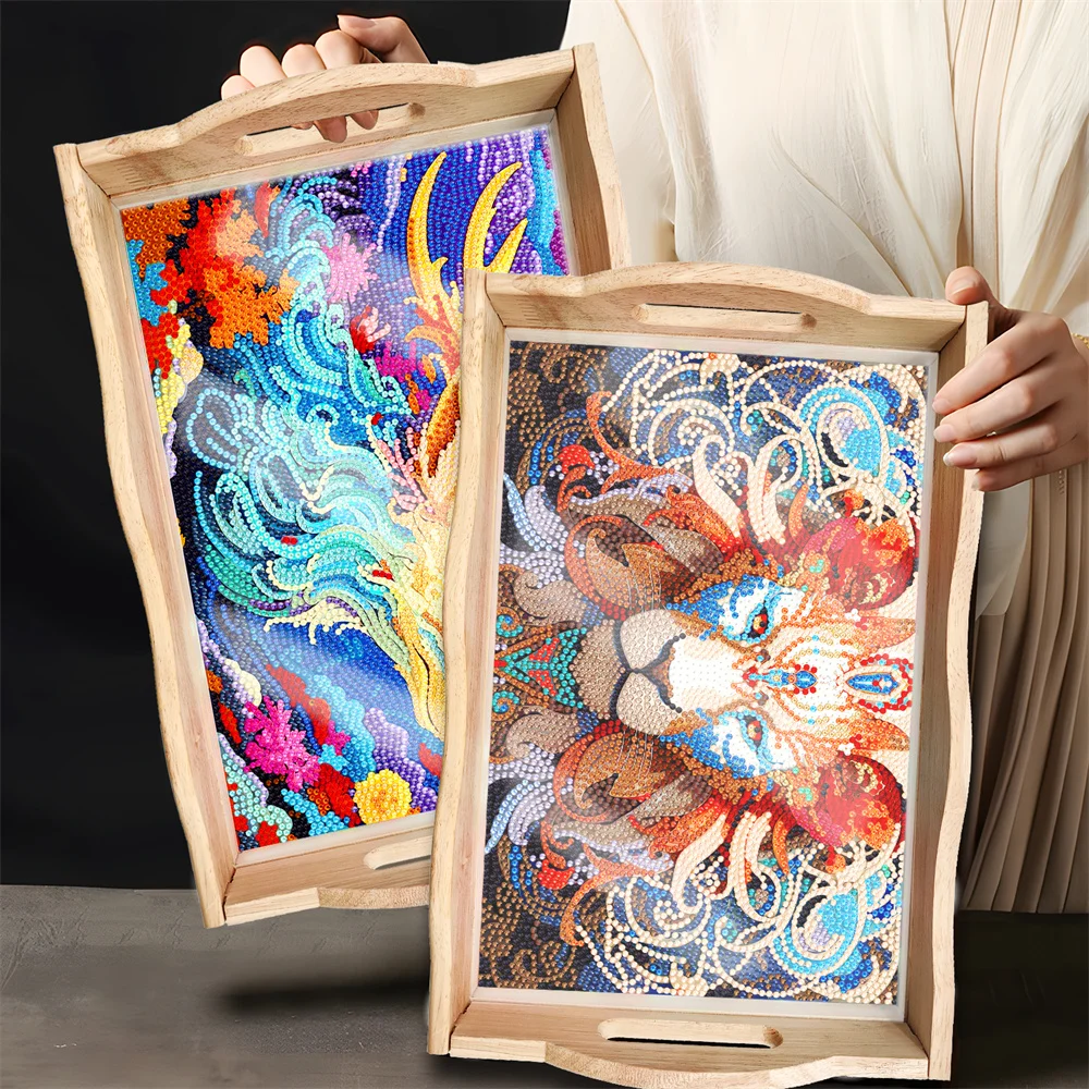 

New 5D diamond painting dinner plate Wooden tray Lion butterfly puppy design kitchen supplies trays