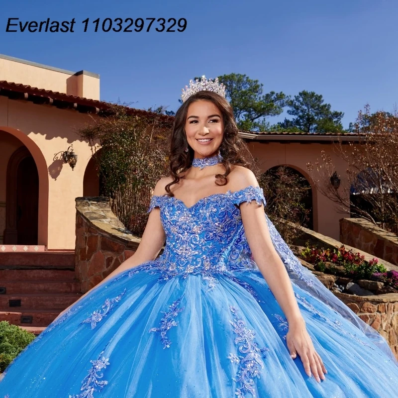 EVLAST-vestido De princesa azul para quinceañera, traje De baile con apliques De encaje Floral 3D, cuentas con capa, dulce 16, 15 años, TQD763