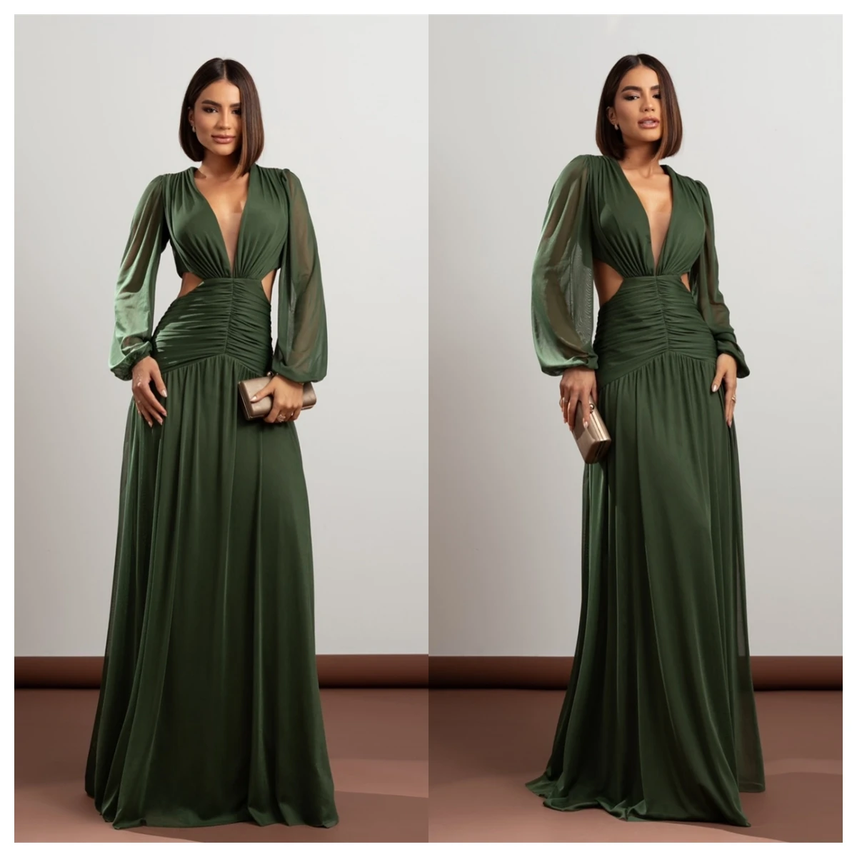 Sukienka wieczorowa z zielonego dżerseju na zamówienie, wykwintna, dekolt w serek, długie rękawy, suknie celebrytek, szyte na miarę suknie okolicznościowe, perły, temperament.