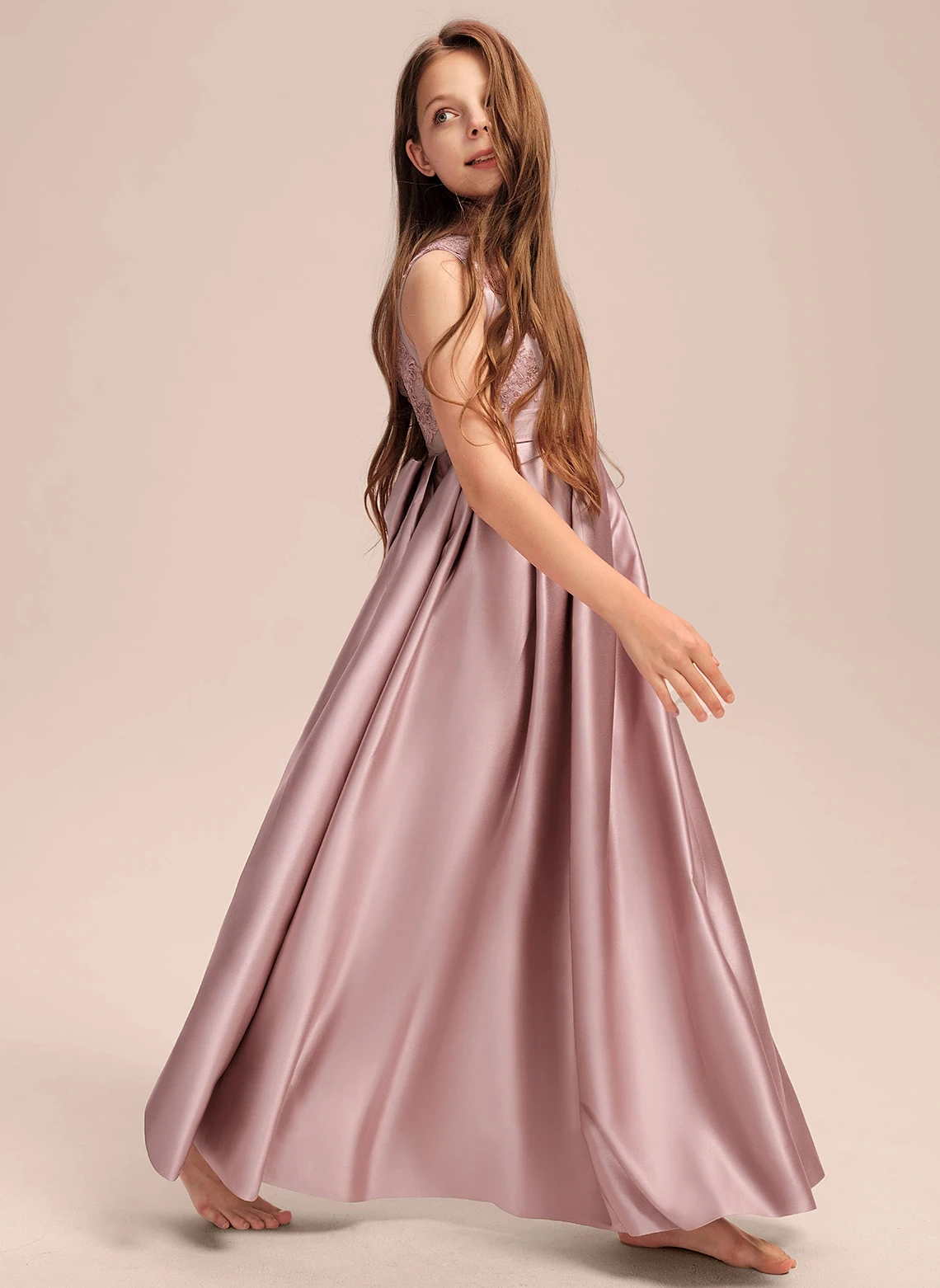 Ball-Gown/Princess Scoop Floor-Length Lace Satin Junior Bridesmaid Dress With Pleated Flower Girl Dress