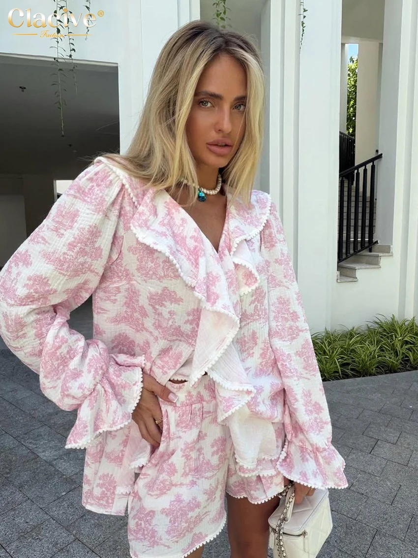 Clacive Fashion Loose Print 2 Pieces Set For Woman 2027 Casual Long Sleeve Blouse With High Waist Shorts Set Female Clothing
