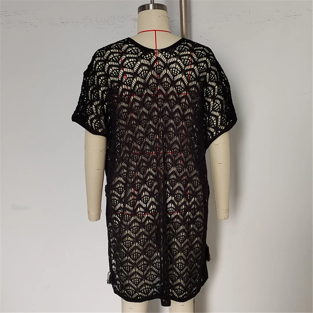 Strandkleid Strandmode Neues Kurzarm-V-Ausschnitt Einfarbiges Häkel-Strick-Tunika Strandkleidung Strandüberwurf Überwürfe Damen V7221 – Detail 16