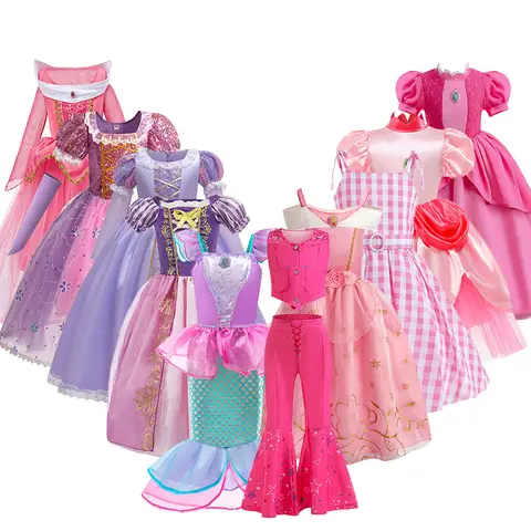 Costume da principessa per ragazze Bambini Peach Spettacolo Abito elegante Baby Ariel Aurora Abiti da compleanno Rapunzel Performance Travestimento 3-12T