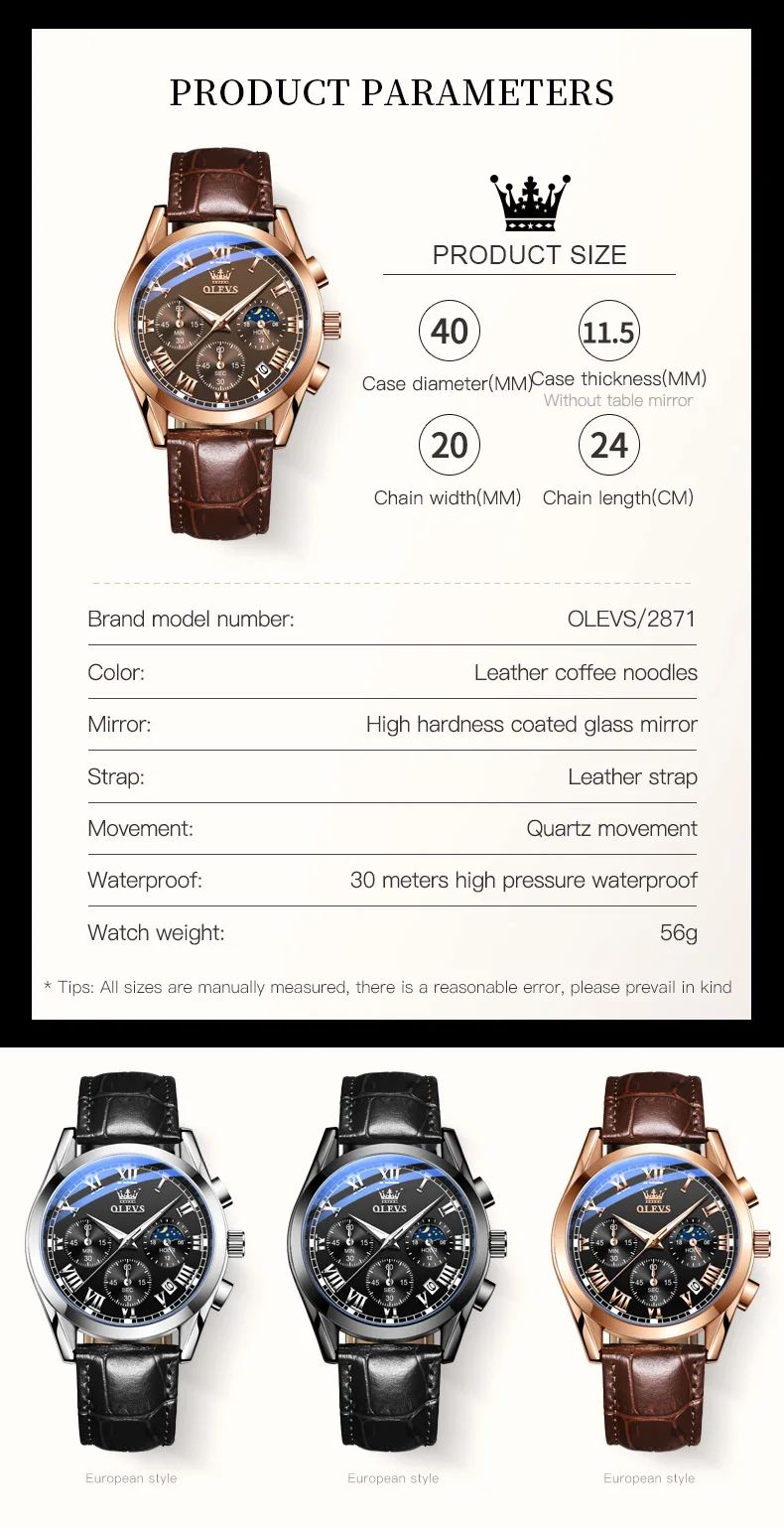 OLEVS 2871 Men Watches Brown Leather Top Brand Luxury Date Waterproof Luminous Chronograph Quartz Watch Men Relogio Masculino