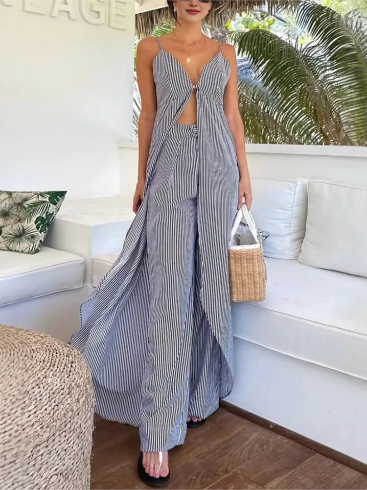 

Striped 2 Pieces Set For Woman Two Piece Outfits Sleeveless Simple Style All-match V-link Casual Commuting Temperament Pant Sets