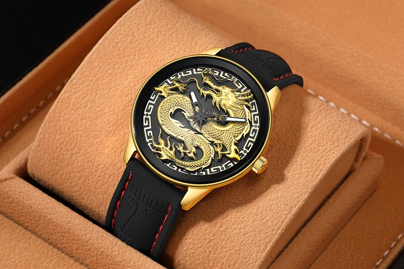 Dragon Clock Quartz Wristwatch Men Watch Black Gold Watches High Quality Engraving Dial Case Reloj Man Hombre Relogio Masculino