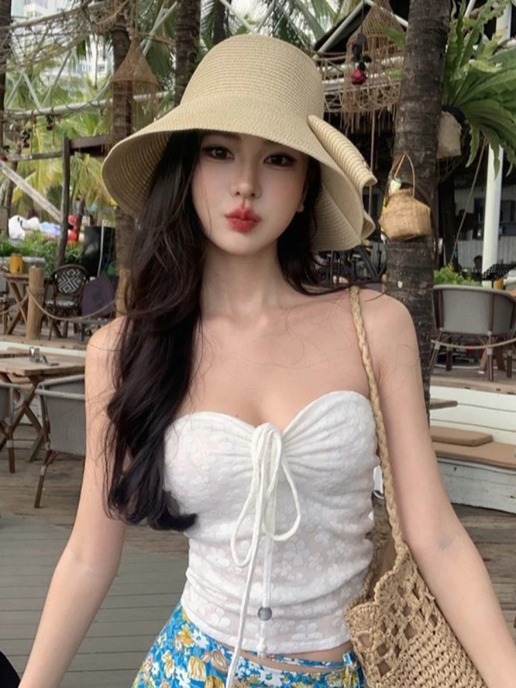 Letnie komplety dwuczęściowe w stylu imprezy na plaży, jednolite kolory, seksowne, dopasowane topy bez ramiączek + eleganckie spódniczki w słodkim stylu z nadrukiem w stylu lat 2000, vintage'owe komplety.