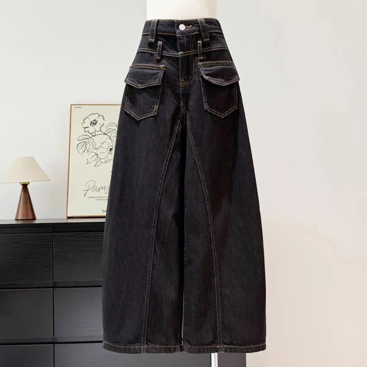 

American Retro Denim Blue ket Workwear Jeans Loose Wide Leg Pants for Men And Women Knife ape Design Casual Trousers