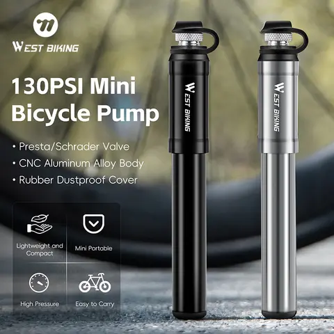 WEST BIKING 130PSI Mini Bike Pump Aluminum Alloy Portable Drop-proof Bike Ultraligh Hand Air Pump MTB Mountain Road Cycling Pump