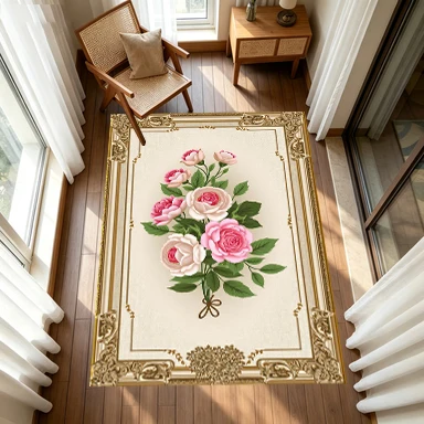 Vintage Golden Frame Pink Rose Bouquet Floral Carpet Flooring, Classic Elegant Flower Non-Slip Floor Rug for Living Room Bedroom Home Decoration