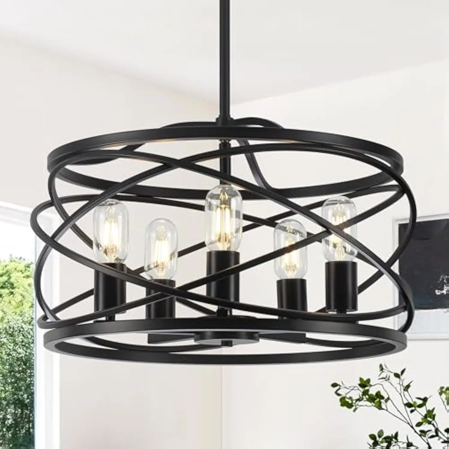 

19.7'' Black Farmhouse Chandelier - 5-Light Industrial Drum Black Chandeliers for Dining Room Hanging Light Fixture for Entrywa