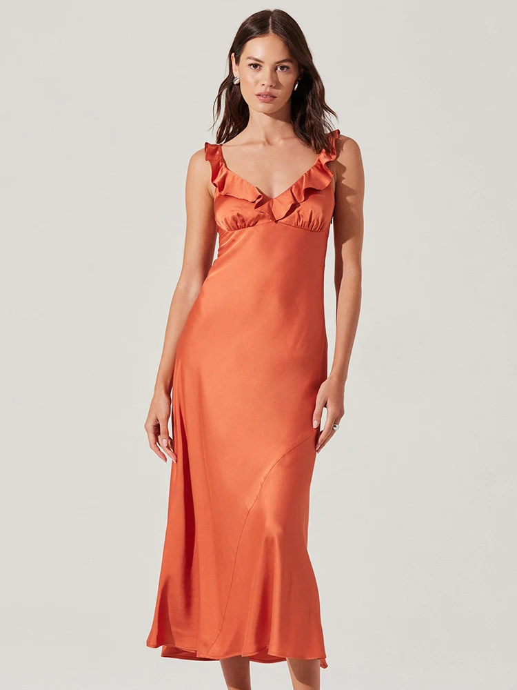 VC – robe mi-longue en Satin, romantique, Orange et bleu, sans manches, avec encolure à volants, pour robe de soirée dans le jardin, été