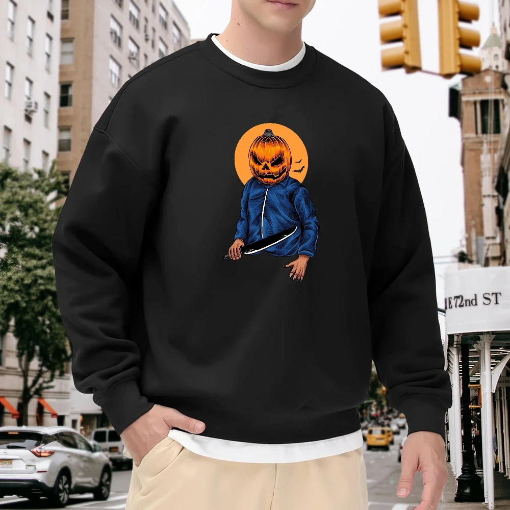 

Men's Black Crew Neck Loose Sweatshirt with Pumpkin Print, Casual Top, Street Fashion Style, Versatile for Daily Commuting, Comfortable and Breathable Polyester Fabric