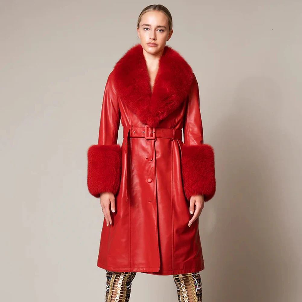 Denny&Dora Women Plus Size Coat Real Fox Fur Collar Long Genuine Leather Coat Trench Red Colour