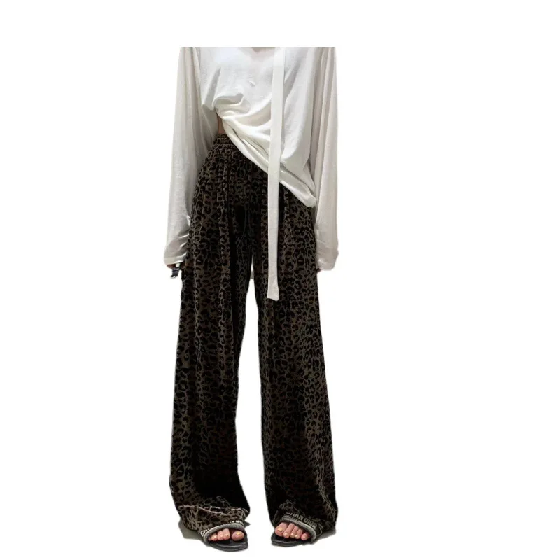 Women's Leopard Print Elastic High Waist Long Pants Cheetah Printed Wide Leg Loose Trousers with Pockets