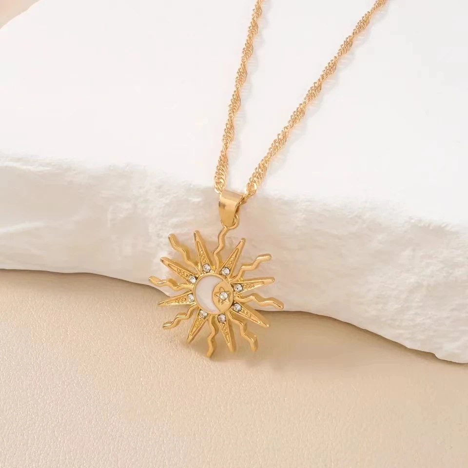 1Pcs Shining Rhinestone Unique Design Sun Star Moon Three In One Pendant Necklace Retro Women's Daily Versatile Party Jewelry image 3