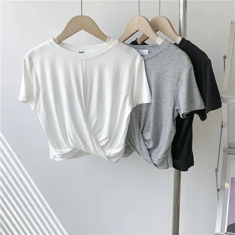 Slimming Effect Modal Knot Short Sleeve T-Shirt Women's Summer Thin Pure Color Top Body Shaping Slim Fit round Neck Short Length