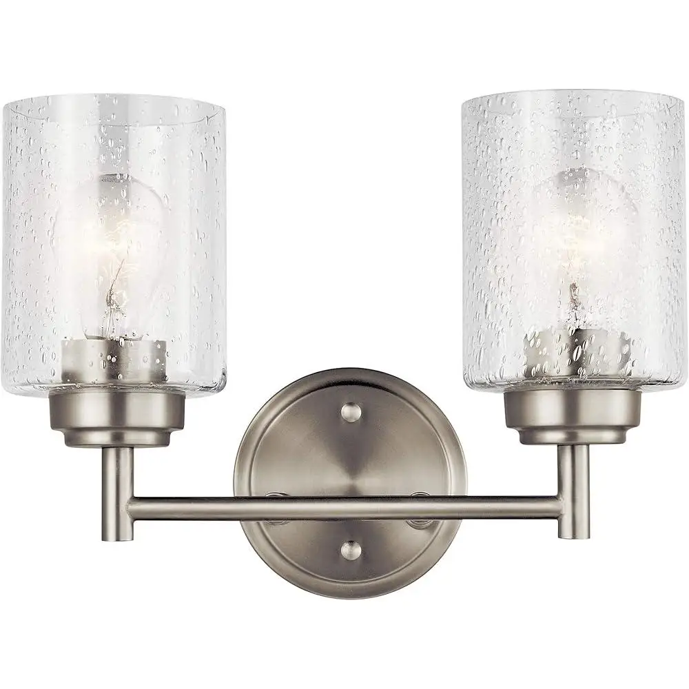 Transitional 2-Light Bathroom Vanity Light Brushed Nickel Clear Seeded Glass Wall Sconce Mounting Kit Included Ambient Lighting