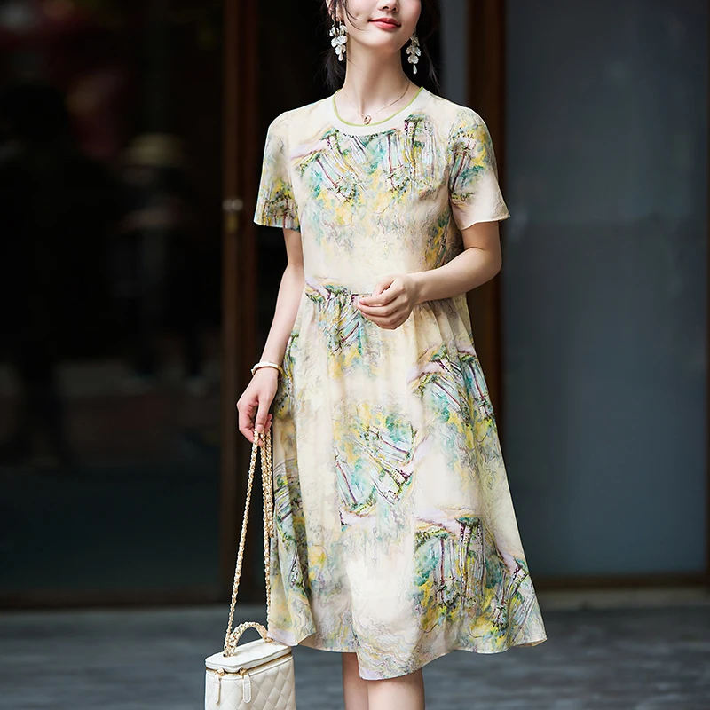 

New Summer Dresses Women Elegant Fashion O-neck Short Sleeve 100% Real Silk Women's Print Dress A-line Woman Casual Dress