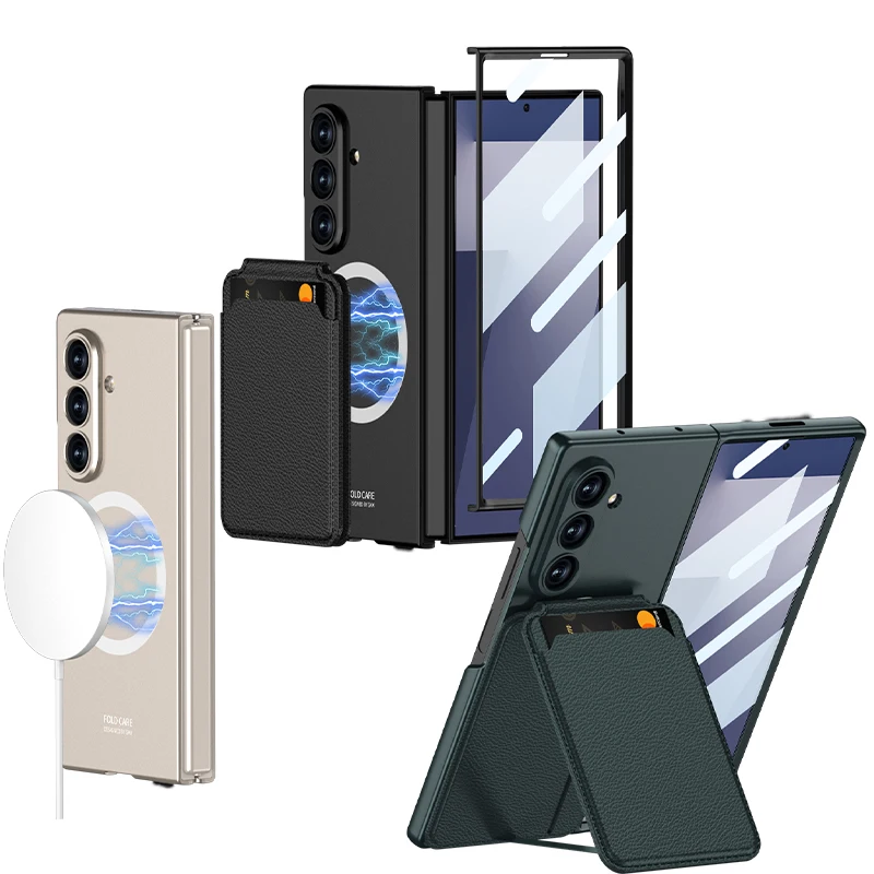 

For Samsung Galaxy Z Fold 7 6 5 Magnetic Card Holder Masafe Phone Case Wireless Charging With Screen Glass Film Shockproof Cover