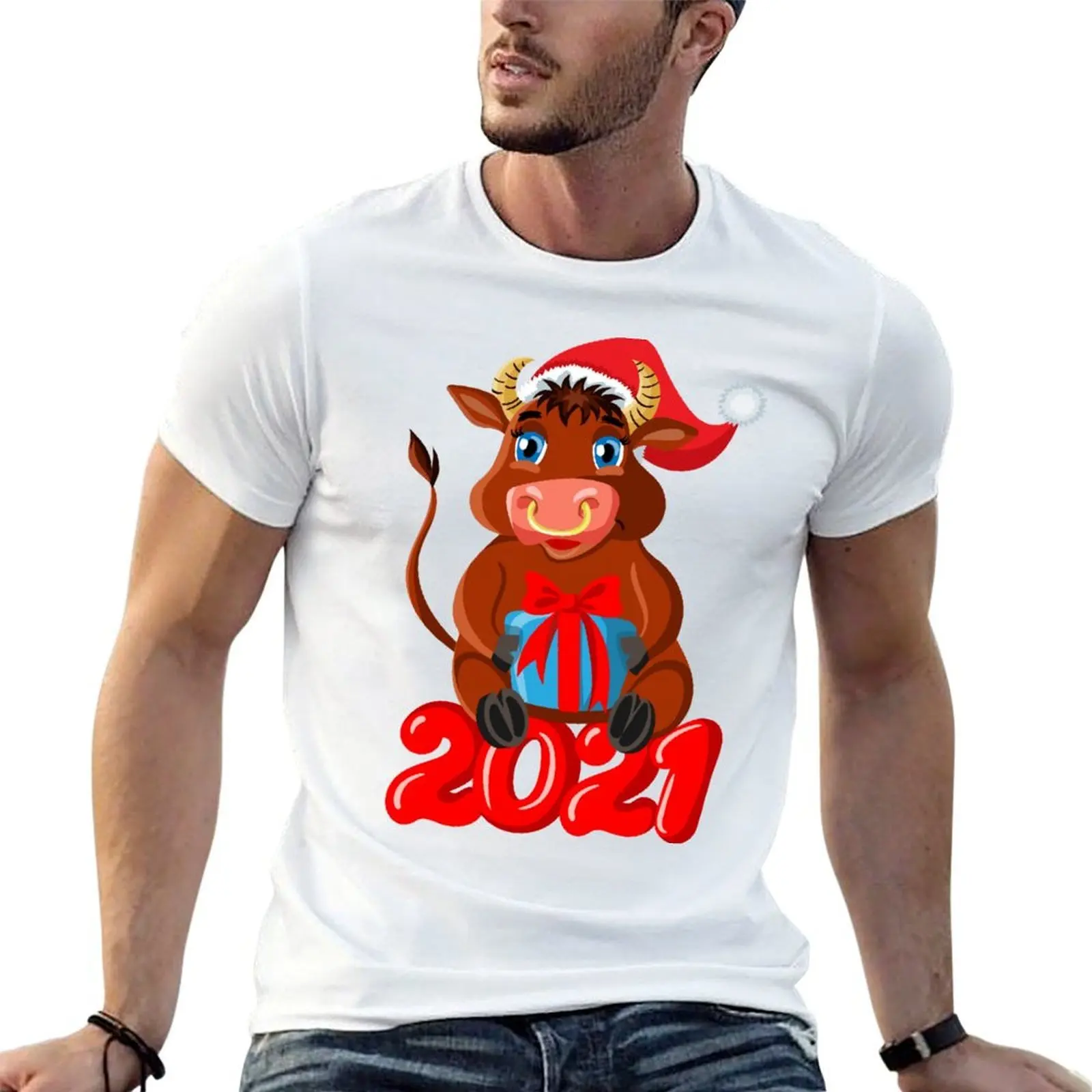 New Year 2021: cute bull with a gift T-Shirt vintage t shirts oversized graphic tee Men's t-shirts