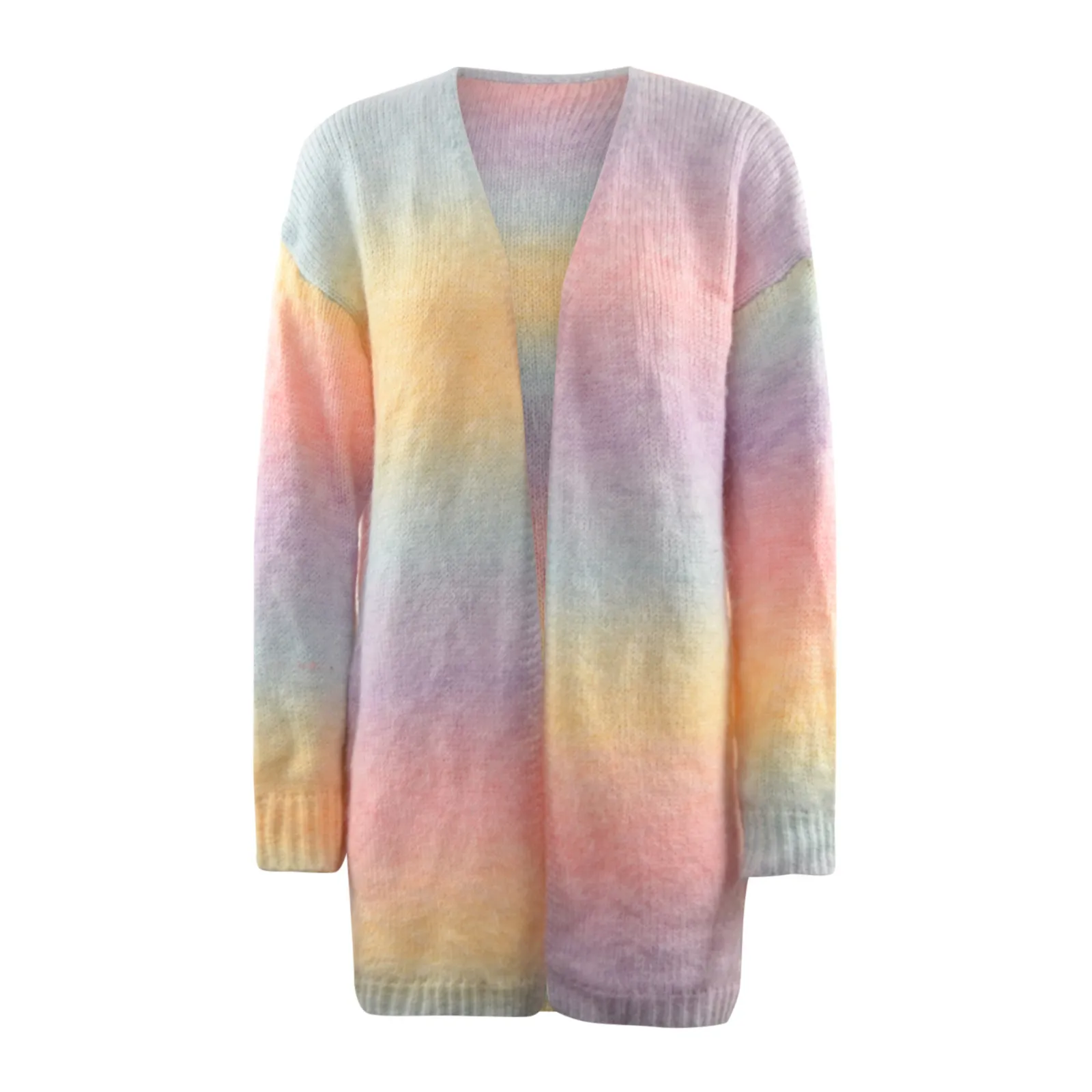 Rainbow Tie-Dye Women Cardigan Spring Autumn Korean All Match Knitted Sweater Coats Colorful Long Sleeve Gradient Knitwear 2024