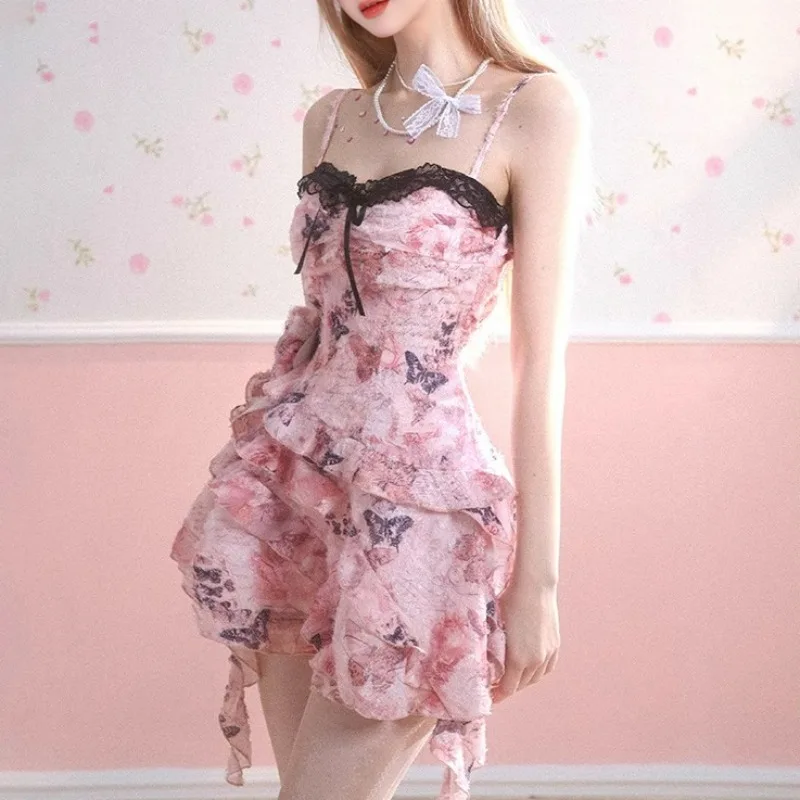 

Summer France Fashion Y2k Elegant Flower Print Mini Dress Women Lace Vintage Casual Strap Dress Female Bow Slim Sleeveless Dress