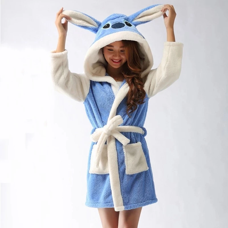 Fangle Animal Pajamas Flannel Thickened Adult Bathrobe Cardigan Women\'s Cute Nightgown Rode Belt Adjustable