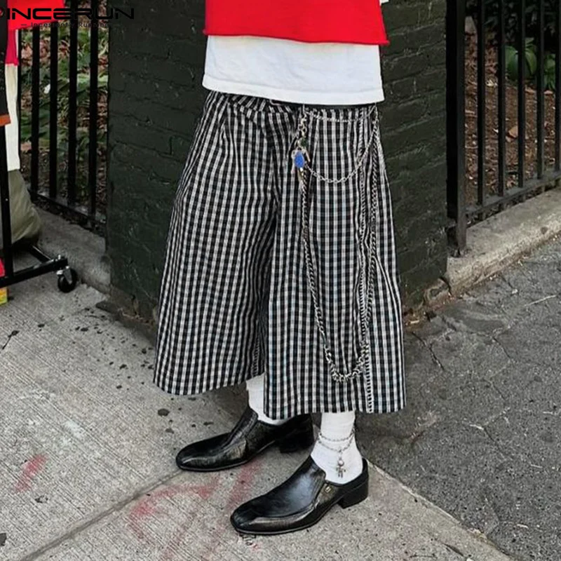 

INCERUN Men Summer Calf Length Pants Plaid Pant Casual Short Trousers Wide Leg Pant Streetwear Oversize Men's Clothing Bottoms